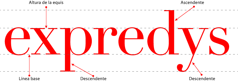 Ascendentes, descendentes y línea base en tipografía.