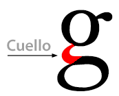 El cuello de una letra g en tipografía.