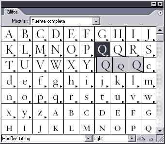 Tres variantes de Q en la paleta de Glifos de InDesign para la tipografía Hoefler Titling.