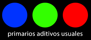Tres primarios aditivos usuales: Azul, verde y rojo.